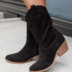 Women's Tan Faux Suede Western Cowboy Boots, Vintage Style Mid-Calf Boots with Side Zipper for Rodeo and Casual Wear