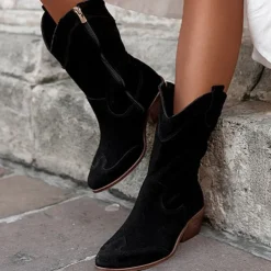 Women's Tan Faux Suede Western Cowboy Boots, Vintage Style Mid-Calf Boots with Side Zipper for Rodeo and Casual Wear