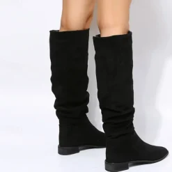 Women's Tan Slouchy Knee-High Boots with Low Heel - Casual Suede Western Style for Everyday Wear