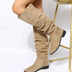 Women's Tan Slouchy Knee-High Boots with Low Heel - Casual Suede Western Style for Everyday Wear