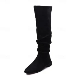 Women's Tan Slouchy Knee-High Boots with Low Heel - Casual Suede Western Style for Everyday Wear