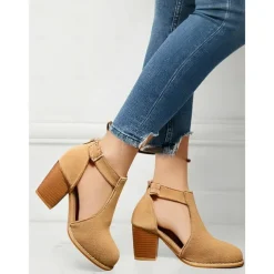 Women's Tan Suede Cut-Out Ankle Boots with Block Heels - Perfect for Casual Outings, Spring and Fall Fashion, and Stylish Everyday Wear