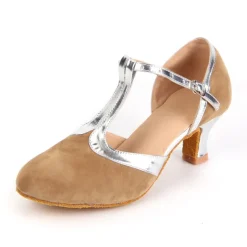 Women's Tan Suede T-Strap Dance Shoes with Soft Suede Sole – Latin Ballroom Heels with Silver Accents for Performance, Practice, and Competitions