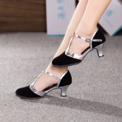 Women's Tan Suede T-Strap Dance Shoes with Soft Suede Sole – Latin Ballroom Heels with Silver Accents for Performance, Practice, and Competitions