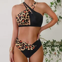Women's Tankini Two Piece Swimsuit Backless Halter Swimwear Leopard Print Swimwear Black Blue Breathable Quick Dry Lightweight Sleeveless - Swimming Surfing Beach Summer Spring