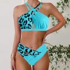 Women's Tankini Two Piece Swimsuit Backless Halter Swimwear Leopard Print Swimwear Black Blue Breathable Quick Dry Lightweight Sleeveless - Swimming Surfing Beach Summer Spring