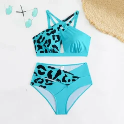 Women's Tankini Two Piece Swimsuit Backless Halter Swimwear Leopard Print Swimwear Black Blue Breathable Quick Dry Lightweight Sleeveless - Swimming Surfing Beach Summer Spring