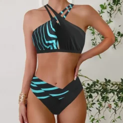 Women's Tankini Two Piece Swimsuit Backless Halter Swimwear Leopard Print Swimwear Black Blue Breathable Quick Dry Lightweight Sleeveless - Swimming Surfing Beach Summer Spring