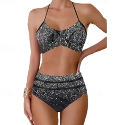 Women's Tankini Two Piece Swimsuit Ruffle Swimwear Swimwear Blue Gold Breathable Quick Dry Lightweight Sleeveless - Swimming Surfing Beach Summer Spring