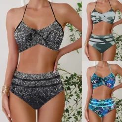 Women's Tankini Two Piece Swimsuit Ruffle Swimwear Swimwear Blue Gold Breathable Quick Dry Lightweight Sleeveless - Swimming Surfing Beach Summer Spring