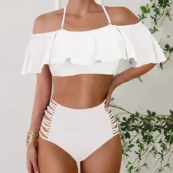 Women's Tankini Two Piece Swimsuit Ruffle Swimwear Solid Colored Swimwear Black White Breathable Quick Dry Lightweight Sleeveless - Swimming Surfing Beach Summer Spring