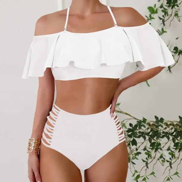 Women's Tankini Two Piece Swimsuit Ruffle Swimwear Solid Colored Swimwear Black White Breathable Quick Dry Lightweight Sleeveless - Swimming Surfing Beach Summer Spring