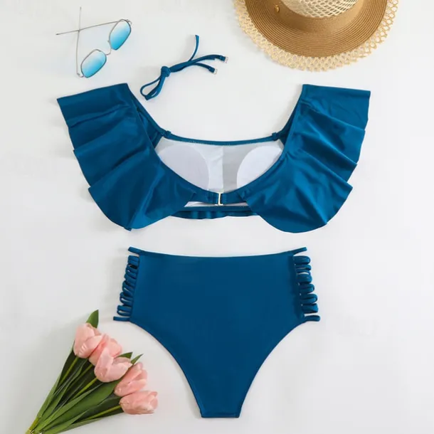 Women's Tankini Two Piece Swimsuit Ruffle Swimwear Solid Colored Swimwear Black White Breathable Quick Dry Lightweight Sleeveless - Swimming Surfing Beach Summer Spring