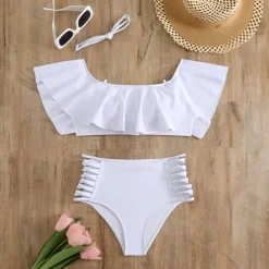 Women's Tankini Two Piece Swimsuit Ruffle Swimwear Solid Colored Swimwear Black White Breathable Quick Dry Lightweight Sleeveless - Swimming Surfing Beach Summer Spring