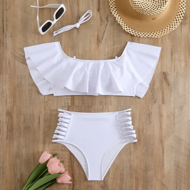 Women's Tankini Two Piece Swimsuit Ruffle Swimwear Solid Colored Swimwear Black White Breathable Quick Dry Lightweight Sleeveless - Swimming Surfing Beach Summer Spring