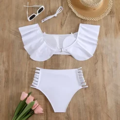 Women's Tankini Two Piece Swimsuit Ruffle Swimwear Solid Colored Swimwear Black White Breathable Quick Dry Lightweight Sleeveless - Swimming Surfing Beach Summer Spring