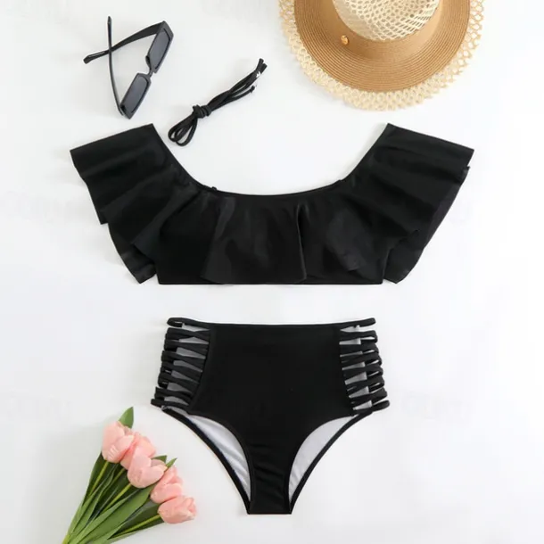 Women's Tankini Two Piece Swimsuit Ruffle Swimwear Solid Colored Swimwear Black White Breathable Quick Dry Lightweight Sleeveless - Swimming Surfing Beach Summer Spring