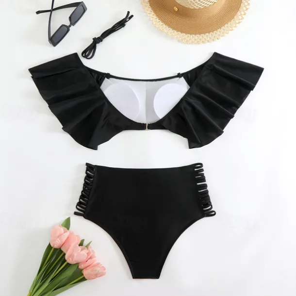Women's Tankini Two Piece Swimsuit Ruffle Swimwear Solid Colored Swimwear Black White Breathable Quick Dry Lightweight Sleeveless - Swimming Surfing Beach Summer Spring