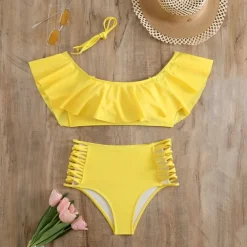 Women's Tankini Two Piece Swimsuit Ruffle Swimwear Solid Colored Swimwear Black White Breathable Quick Dry Lightweight Sleeveless - Swimming Surfing Beach Summer Spring