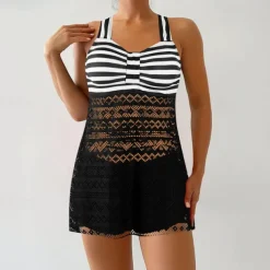 Women's Tankini Two Piece Swimsuit Lace Swimwear Stripes Swimwear Black Purple Breathable Quick Dry Lightweight Sleeveless - Swimming Surfing Beach Summer Spring Plus Size