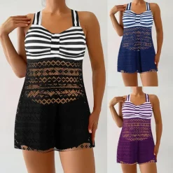 Women's Tankini Two Piece Swimsuit Lace Swimwear Stripes Swimwear Black Purple Breathable Quick Dry Lightweight Sleeveless - Swimming Surfing Beach Summer Spring Plus Size