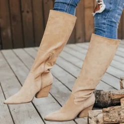 Women's Taupe Suede Knee-High Western Boots with Block Heel, Stylish Pointed Toe Boots for Casual and Outdoor Wear