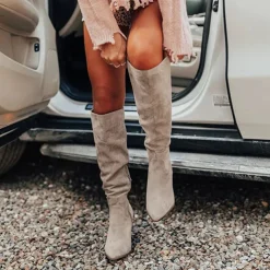 Women's Taupe Suede Knee-High Western Boots with Block Heel, Stylish Pointed Toe Boots for Casual and Outdoor Wear