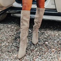Women's Taupe Suede Knee-High Western Boots with Block Heel, Stylish Pointed Toe Boots for Casual and Outdoor Wear