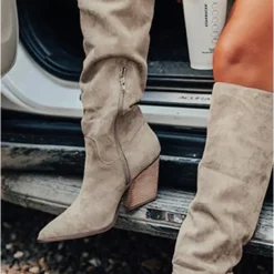 Women's Taupe Suede Knee-High Western Boots with Block Heel, Stylish Pointed Toe Boots for Casual and Outdoor Wear