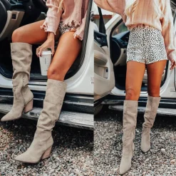 Women's Taupe Suede Knee-High Western Boots with Block Heel, Stylish Pointed Toe Boots for Casual and Outdoor Wear