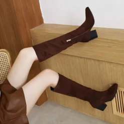 Women's Taupe Suede Knee-High Western Boots with Block Heel, Stylish Pointed Toe Boots for Casual and Outdoor Wear