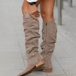 Women's Taupe Suede Slouchy Knee-High Boots with Perforated Design and Buckle Detail, Stylish Casual Footwear for Fall and Winter
