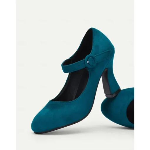 Women's Teal Suede Mary Jane Heels with Buckle Strap – Retro High Heel Pumps for Parties and Formal Events