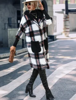 Women's Teddy Coat Coat Warm Pocket Fashion Casual Plaid Work Street Single Breasted Lapel Loose Fit Long Sleeve Outerwear Black Fall Winter