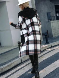 Women's Teddy Coat Coat Warm Pocket Fashion Casual Plaid Work Street Single Breasted Lapel Loose Fit Long Sleeve Outerwear Black Fall Winter