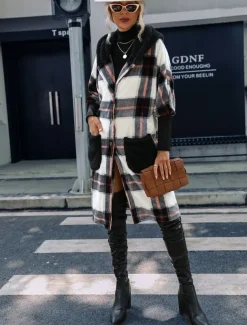 Women's Teddy Coat Coat Warm Pocket Fashion Casual Plaid Work Street Single Breasted Lapel Loose Fit Long Sleeve Outerwear Black Fall Winter