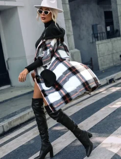 Women's Teddy Coat Coat Warm Pocket Fashion Casual Plaid Work Street Single Breasted Lapel Loose Fit Long Sleeve Outerwear Black Fall Winter