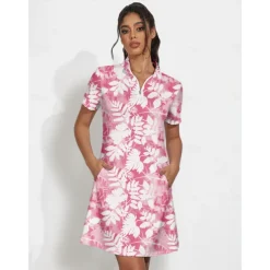 Women's Tennis Dress Golf Dress Pink Short Sleeve Dress Floral Ladies Golf Attire Clothes Outfits Wear Apparel