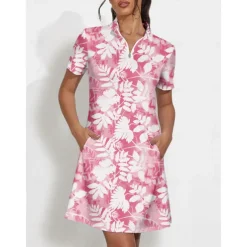 Women's Tennis Dress Golf Dress Pink Short Sleeve Dress Floral Ladies Golf Attire Clothes Outfits Wear Apparel