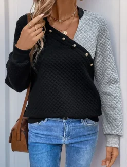 Women's Texture Sweatshirt Waffle Sweatshirt Pullover Plain V Neck Buttons Long Sleeve Black Spring Fall