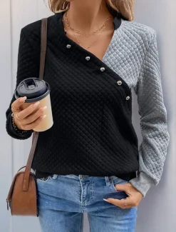 Women's Texture Sweatshirt Waffle Sweatshirt Pullover Plain V Neck Buttons Long Sleeve Black Spring Fall