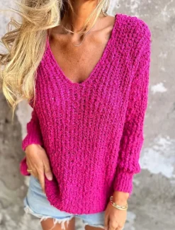 Women's Textured Sweater V Neck Fuzzy Knit Fall Winter Outdoor Elegant Fashion Daily Long Sleeve Solid Color Blue Fuchsia