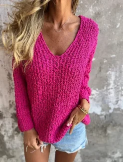 Women's Textured Sweater V Neck Fuzzy Knit Fall Winter Outdoor Elegant Fashion Daily Long Sleeve Solid Color Blue Fuchsia