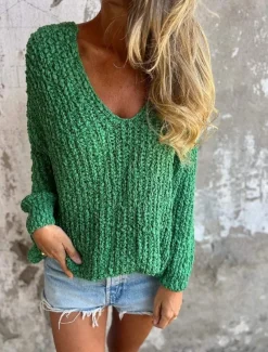 Women's Textured Sweater V Neck Fuzzy Knit Fall Winter Outdoor Elegant Fashion Daily Long Sleeve Solid Color Blue Fuchsia