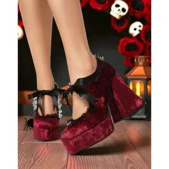 Women's 19th Century Victorian Gothic Velvet Platform Heels - Burgundy Mary Jane Chunky Pumps with Lace Trim and Ribbon for Halloween,Cosplay,and Lolita Fashion