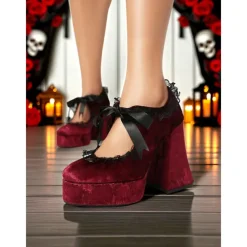 Women's 19th Century Victorian Gothic Velvet Platform Heels - Burgundy Mary Jane Chunky Pumps with Lace Trim and Ribbon for Halloween,Cosplay,and Lolita Fashion