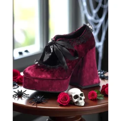 Women's 19th Century Victorian Gothic Velvet Platform Heels - Burgundy Mary Jane Chunky Pumps with Lace Trim and Ribbon for Halloween,Cosplay,and Lolita Fashion
