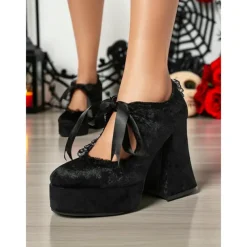 Women's 19th Century Victorian Gothic Velvet Platform Heels - Burgundy Mary Jane Chunky Pumps with Lace Trim and Ribbon for Halloween,Cosplay,and Lolita Fashion