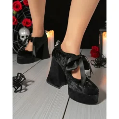 Women's 19th Century Victorian Gothic Velvet Platform Heels - Burgundy Mary Jane Chunky Pumps with Lace Trim and Ribbon for Halloween,Cosplay,and Lolita Fashion
