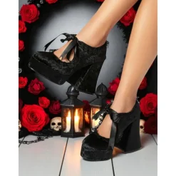 Women's 19th Century Victorian Gothic Velvet Platform Heels - Burgundy Mary Jane Chunky Pumps with Lace Trim and Ribbon for Halloween,Cosplay,and Lolita Fashion